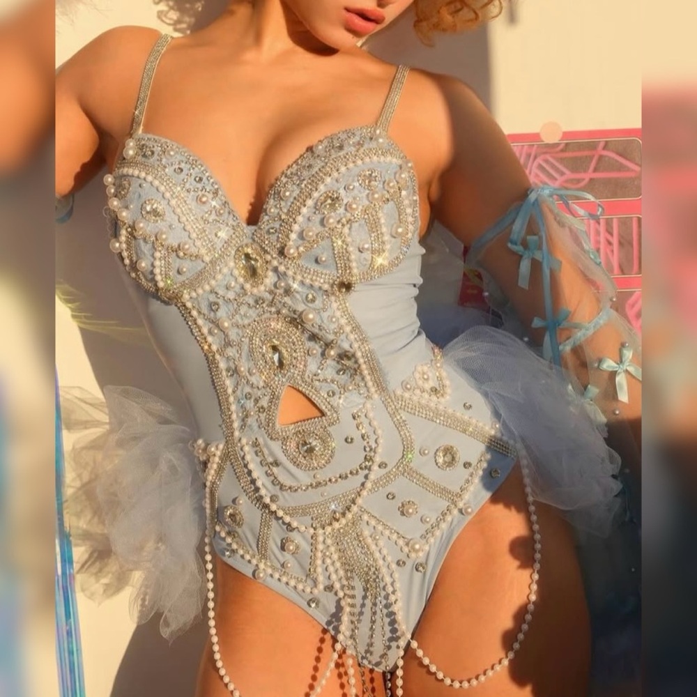 Chill Fit Rave Embellished Plié Luna Bodysuit in Light Blue